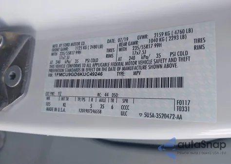 2019 Ford Escape Se из США, поврежденный, VIN 1FMCU9GD6KUC49246